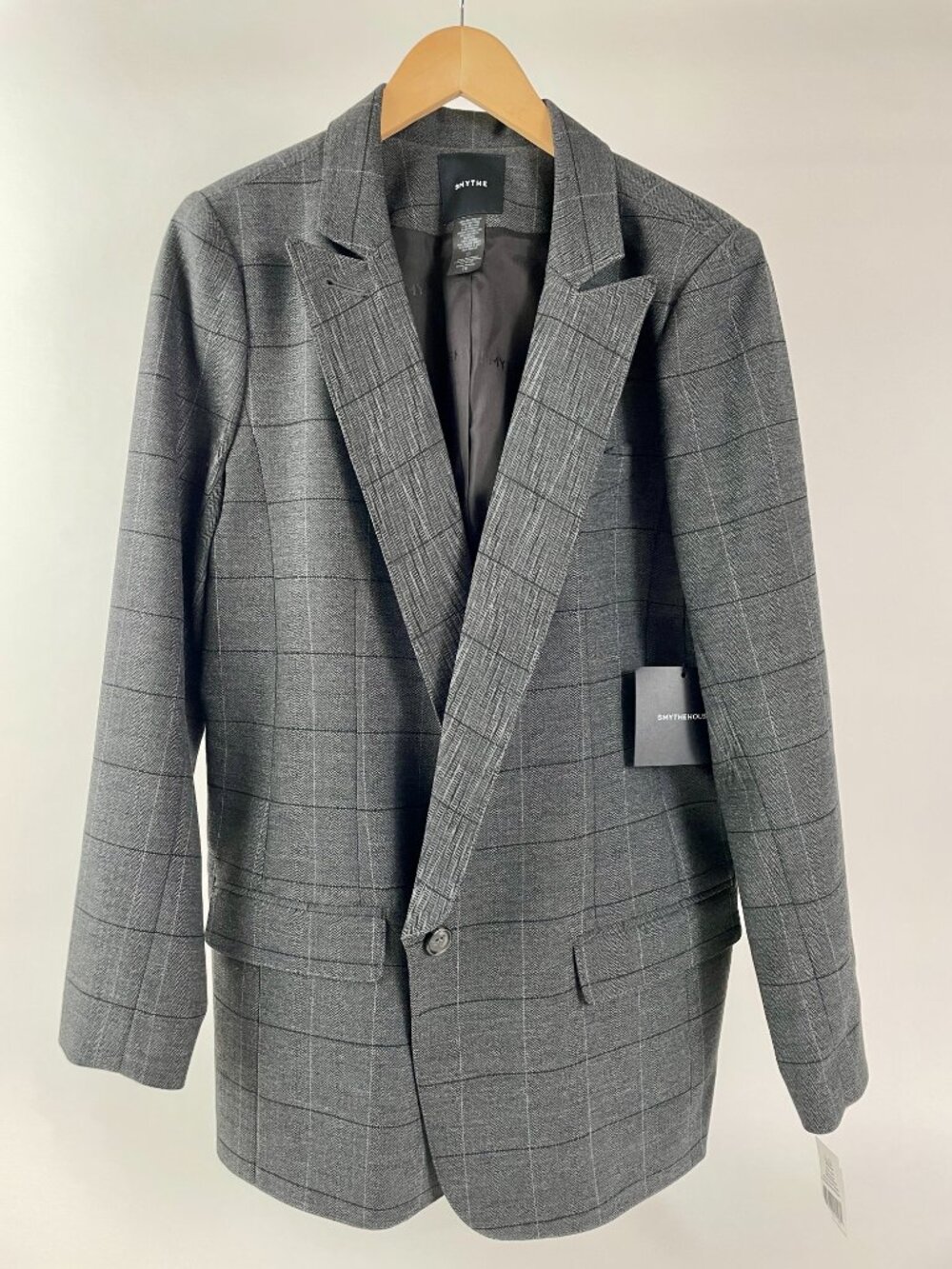 NEW WITH TAGS Smythe Long Notched Blazer, Charcoal Windowpane, Size 16